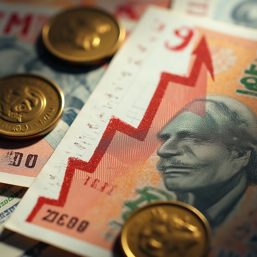 Billetes de pesos chilenos y un gráfico de inflación