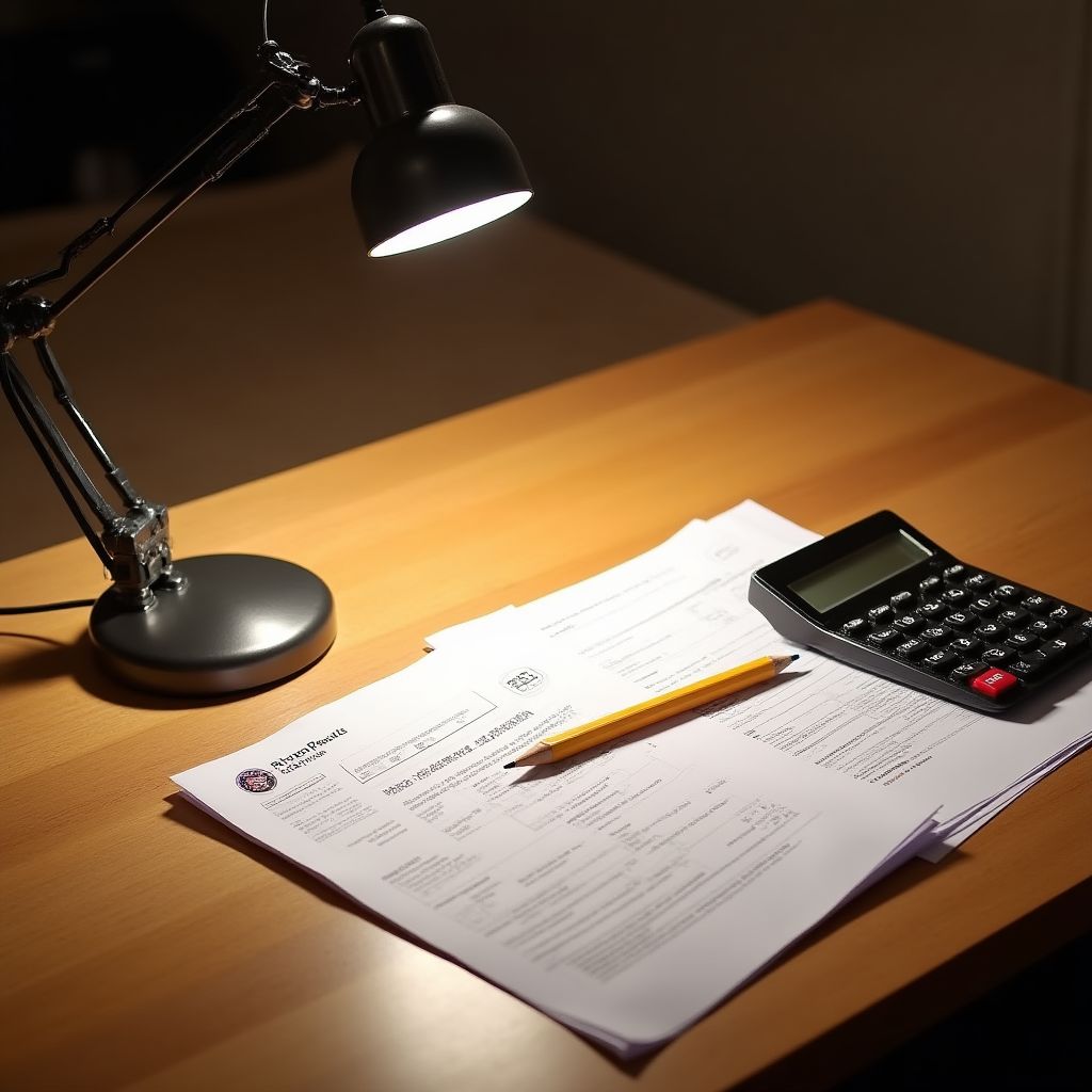 Documentos tributarios y una calculadora sobre un escritorio de madera
