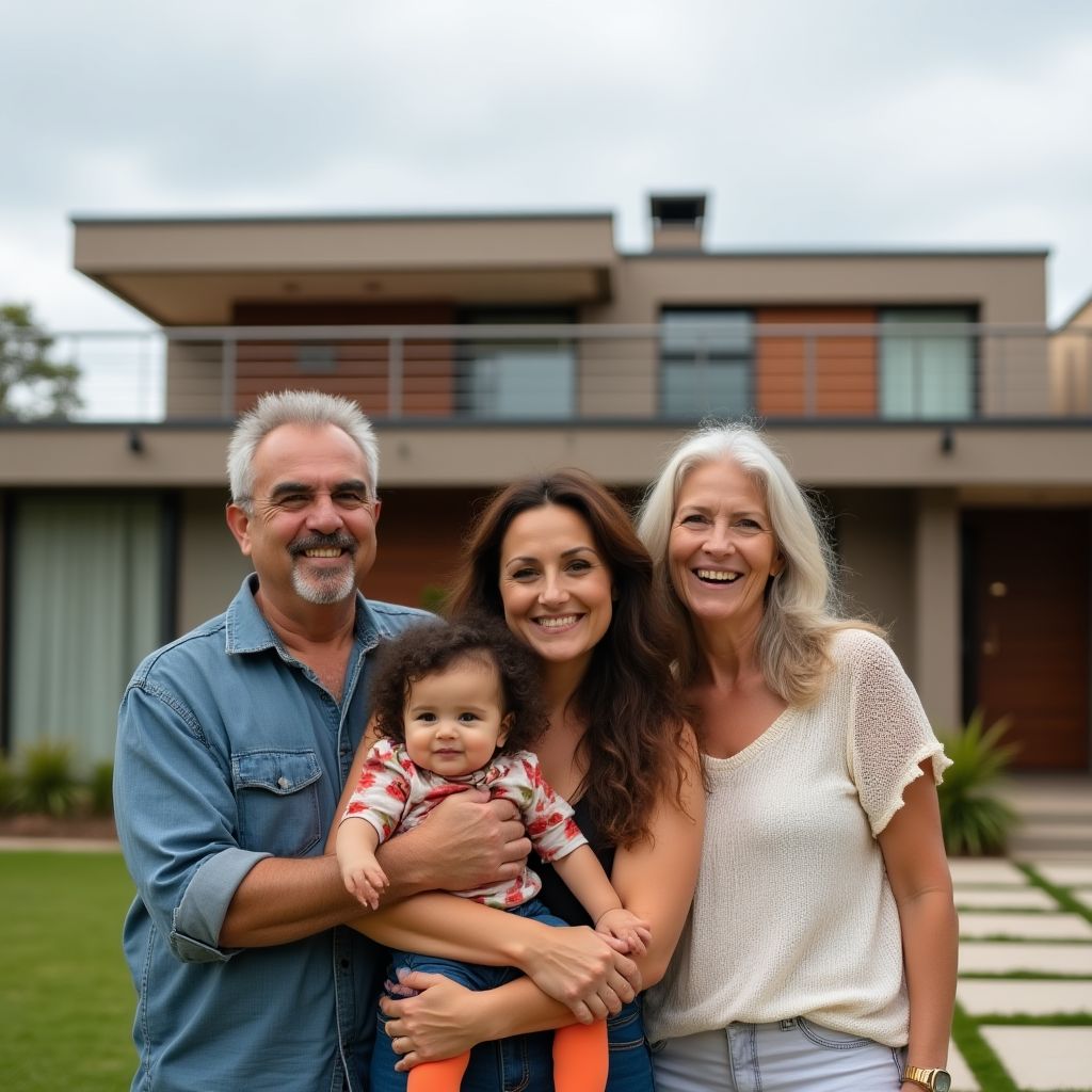 Una familia sonriente con una casa de fondo